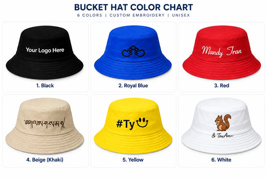 Single side custom bucket hat in 6 colors: black, royal blue, red, beige, yellow and white, each with embroidery
