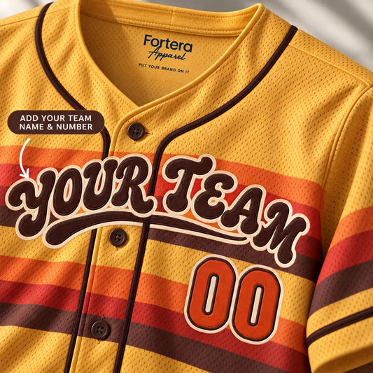 Close-up of the 70s Sunset throwback baseball jersey lettering and piping