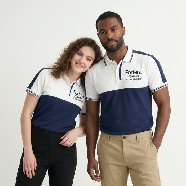 White and navy bulk embroidered polo shirt with bold color block design - side view