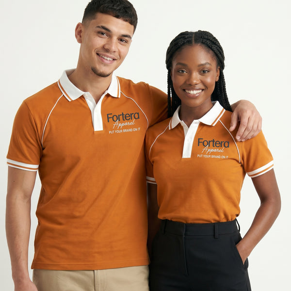 Orange moisture wicking polo uniform with white piping detail on collar and chest - side view