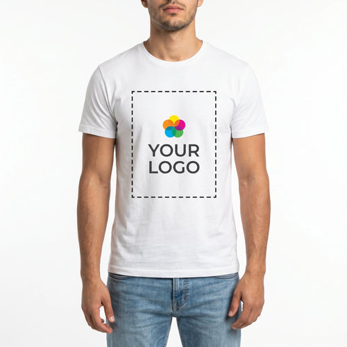 Custom T-Shirt with Logo - Male model front view with YOUR LOGO print zone