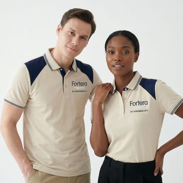 Beige embroidered polo shirt with navy yoke panel across shoulders - side view