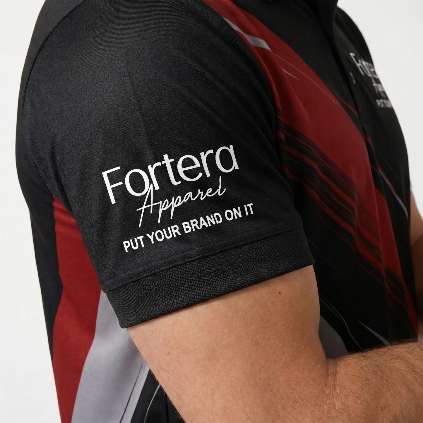 All Over Print Polo Shirt Angular Brush sleeve detail - Fortera Apparel