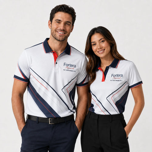 All Over Print Polo Shirt Geo Cross Line automotive uniform in corporate setting - Fortera Apparel