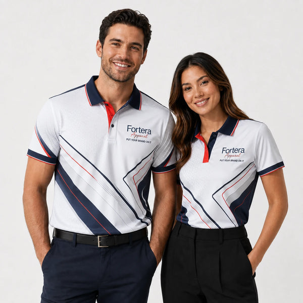 All Over Print Polo Shirt Geo Cross Line automotive uniform in corporate setting - Fortera Apparel