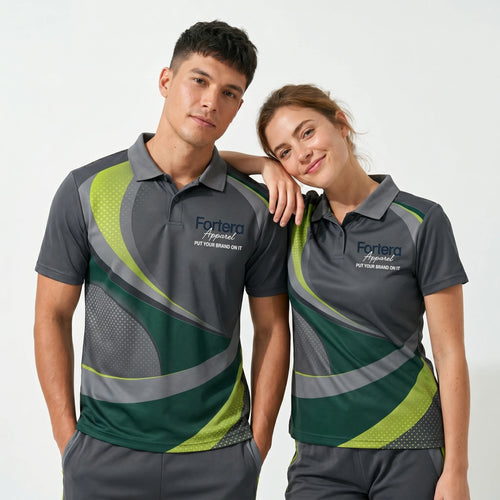 All Over Print Polo Shirt Swoosh Wave sport team uniform in corporate setting - Fortera Apparel