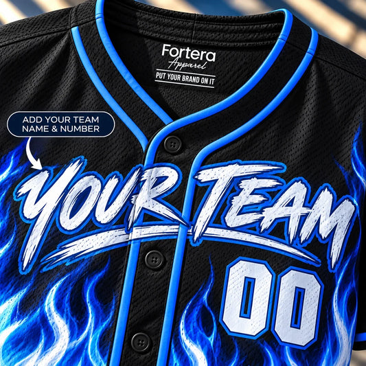 Close-up of the Blue Flame cool softball jersey lettering and piping