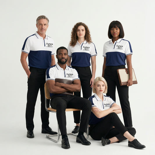 White and navy bulk embroidered polo shirt with bold color block design