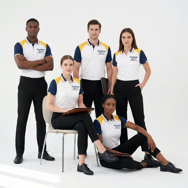 White bulk embroidered polo shirt with navy and yellow shoulder block
