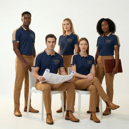 Navy bulk embroidered polo shirt with tan gold shoulder panel detail