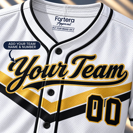 Close-up of the Champion Gold softball tournament shirt lettering and piping
