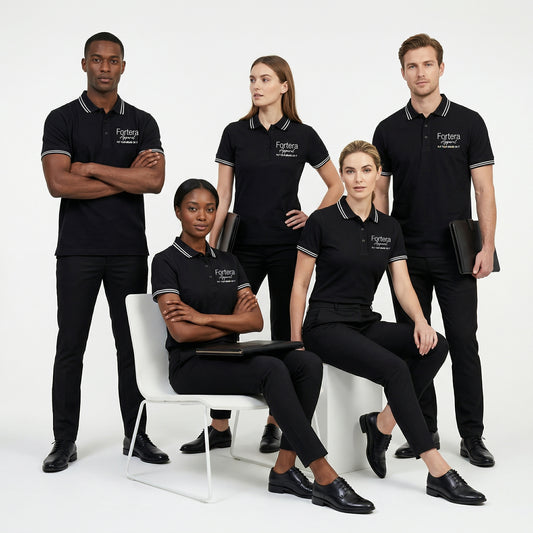 All black classic polo shirt with white tipping on collar and cuffs