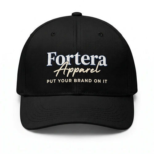 Custom embroidered baseball cap in black with Fortera Apparel logo embroidered on front panel, product front view