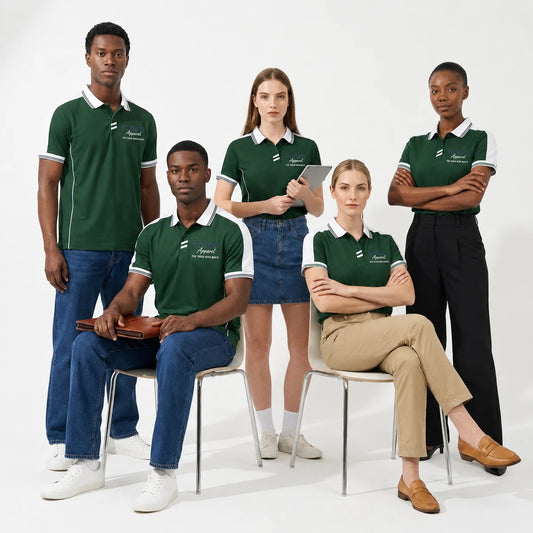 Team wearing custom embroidered polo shirts with logo in green and white at Fortera Apparel
