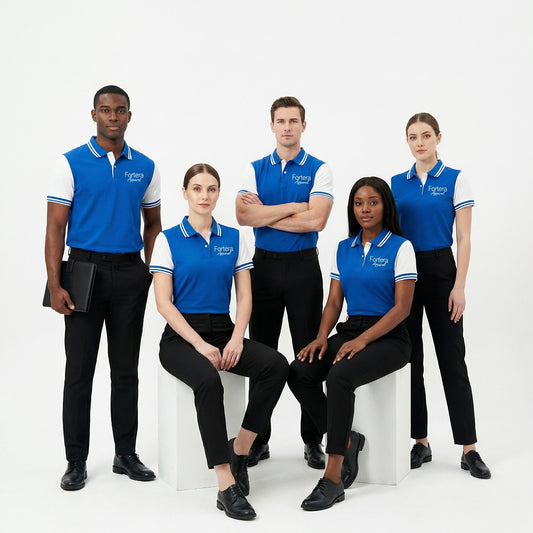 Royal blue custom staff polo shirt with white side panel and embroidered logo