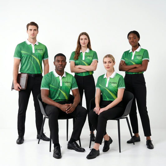 Custom Print Polo Shirt Brush Stroke Wave worn by team in studio - Fortera Apparel