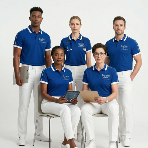 Royal blue embroidered polo shirt with white shoulder piping detail