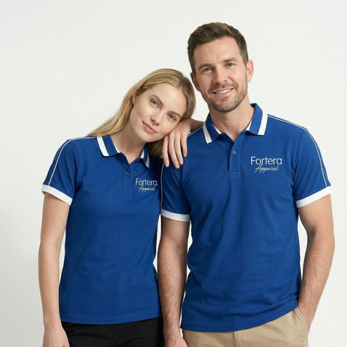 Royal blue embroidered polo shirt with white shoulder piping detail - side view
