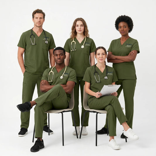 FIONX Signature Embroidered Scrubs Set worn by healthcare professional in clinic - Fortera Apparel