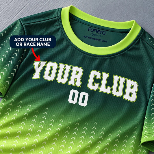 Close-up of the Forest Gradient Green Running Shirt design and neck label