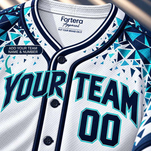 Close-up of the Geo Shatter softball jersey design lettering and piping