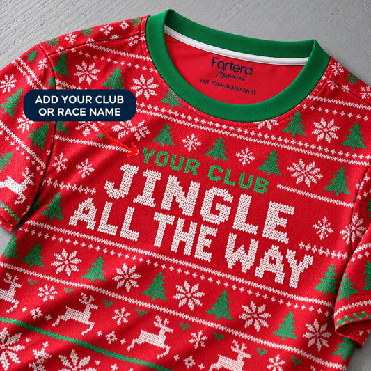 Close-up of the Jingle Knit Christmas Running Shirt design and neck label