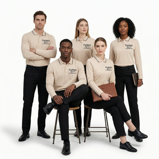 Beige long sleeve work polo shirt with embroidered logo and dark contrast tipping