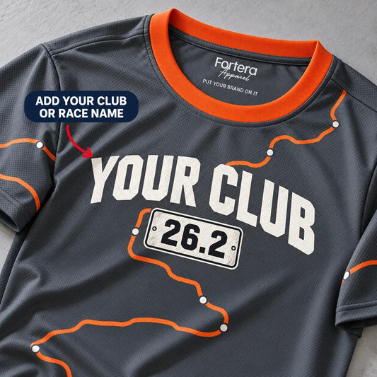 Close-up of the Mile Marker Marathon Shirt design and neck label