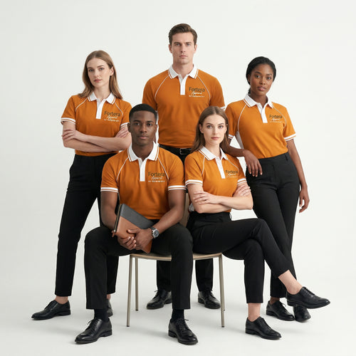 Orange moisture wicking polo uniform with white piping detail on collar and chest