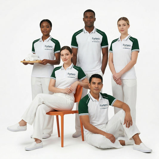 White moisture wicking polo uniform with forest green two-tone shoulder panel