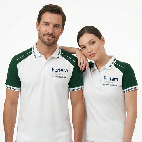 White moisture wicking polo uniform with forest green two-tone shoulder panel - side view