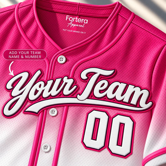 Close-up of the Pink Fade pink baseball jersey lettering and piping