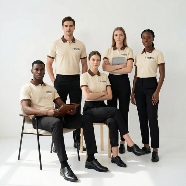 Beige polo shirt with company logo and dark brown contrast tipping on collar and cuffs