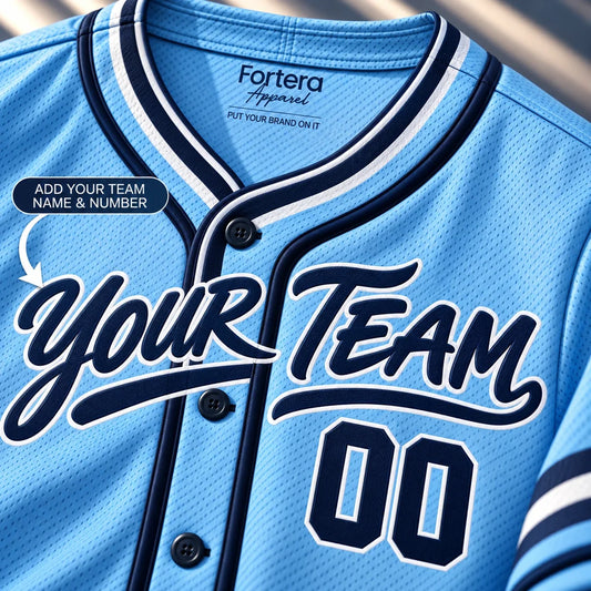 Close-up of the Powder Blue Retro powder blue baseball jersey lettering and piping