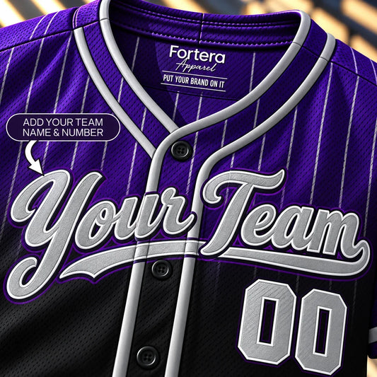Close-up of the Purple Night Fade purple softball jersey lettering and piping