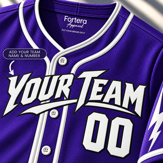 Close-up of the Purple Strike purple baseball jersey lettering and piping