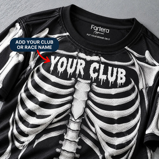 Close-up of the Skeleton Stride Halloween Running Shirt design and neck label