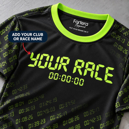 Close-up of the Split Timer 5K Shirt design and neck label