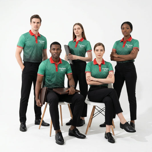 Sublimation Polo Shirt with Logo Chevron Contrast Collar worn by team in studio - Fortera Apparel
