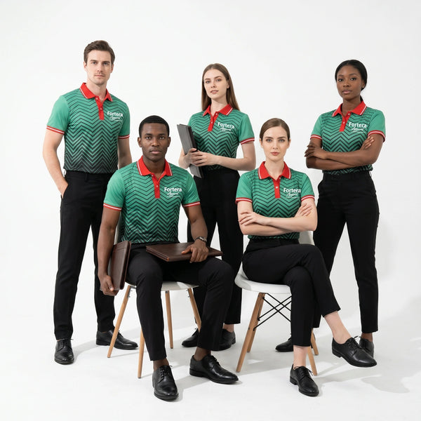 Sublimation Polo Shirt with Logo Chevron Contrast Collar worn by team in studio - Fortera Apparel