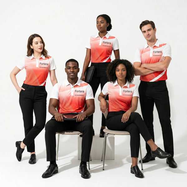 Sublimation Polo Shirt for Teams Ombre Gradient worn by team in studio - Fortera Apparel