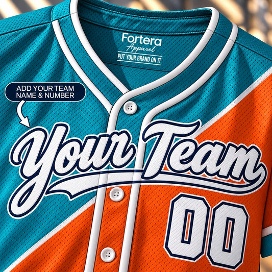 Close-up of the Teal Orange Split coed softball jersey lettering and piping