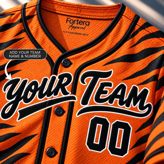 Close-up of the Tiger Stripe orange and black baseball jersey lettering and piping