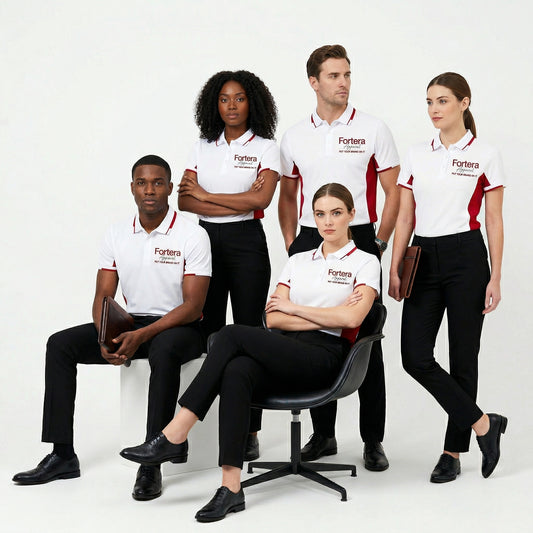 White work polo shirt with embroidered logo and red side panel