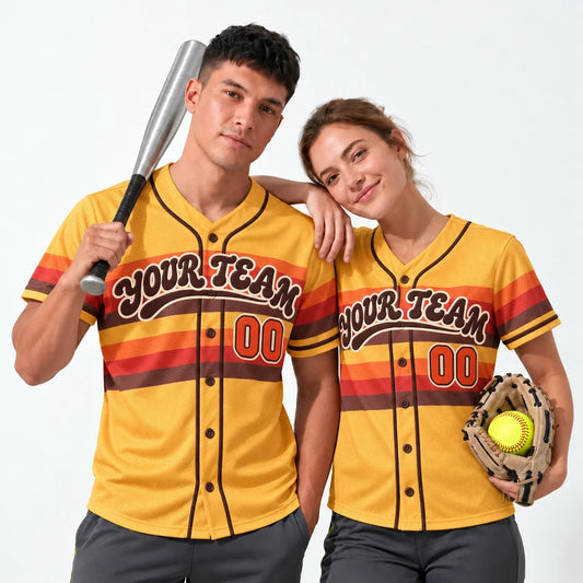 70s Sunset throwback baseball jersey worn by a baseball player and a softball player