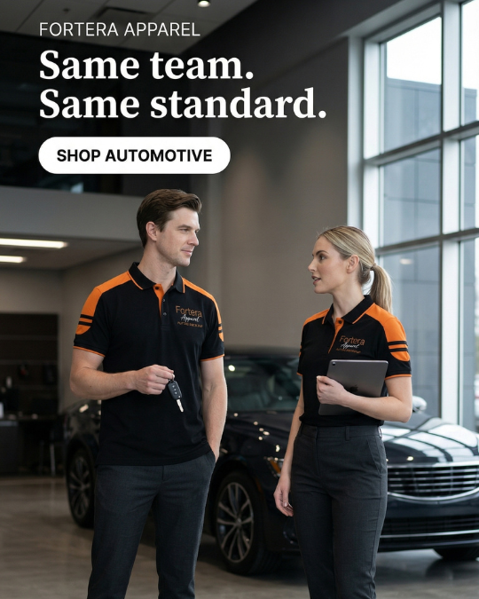 Custom embroidered automotive polo shirts for dealership staff - Fortera Apparel
