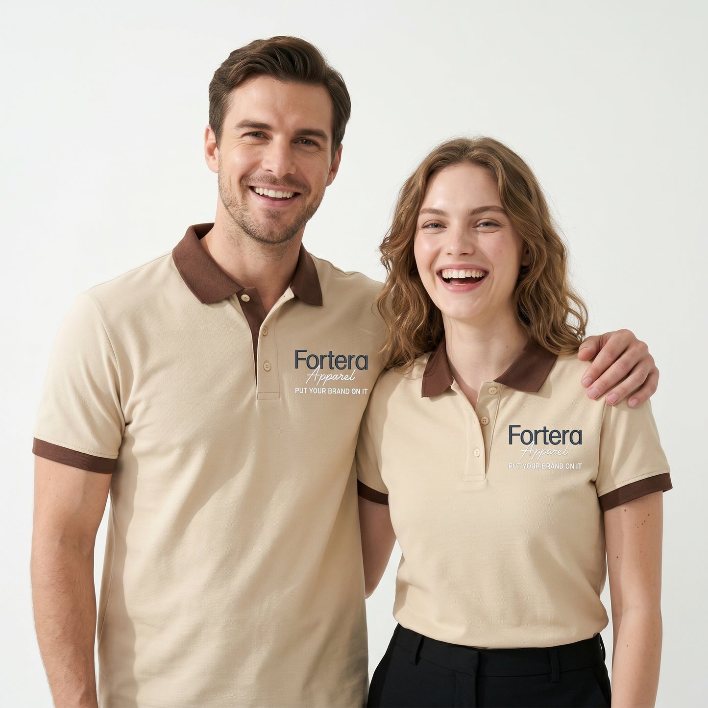 Beige polo shirt with company logo and dark brown contrast tipping on collar and cuffs - side view