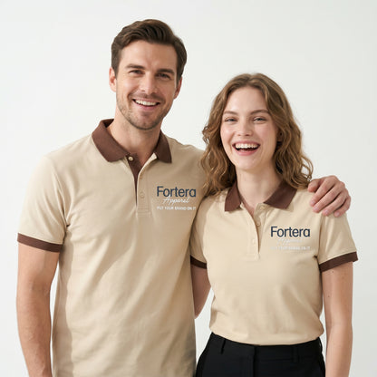 Beige polo shirt with company logo and dark brown contrast tipping on collar and cuffs - side view