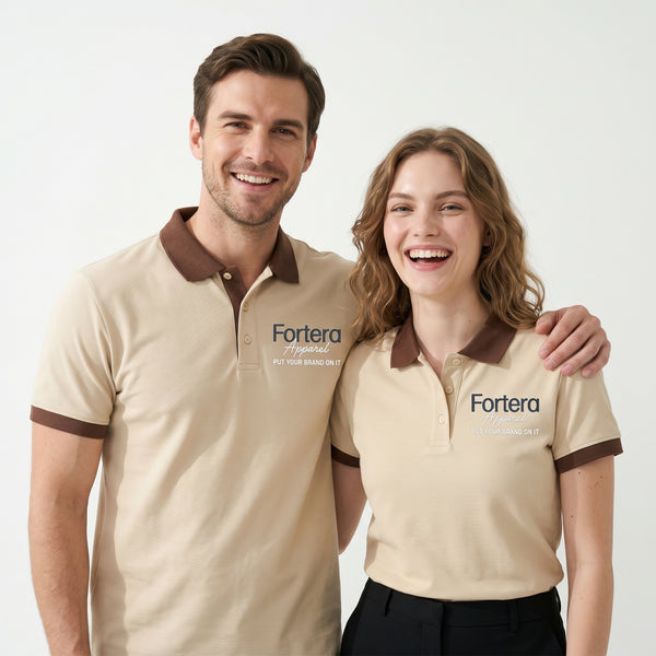Beige polo shirt with company logo and dark brown contrast tipping on collar and cuffs - side view