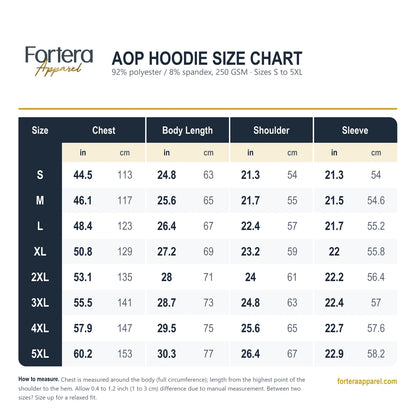 AOP hoodie size chart, sizes S to 5XL, chest, body length, shoulder and sleeve in inches and cm